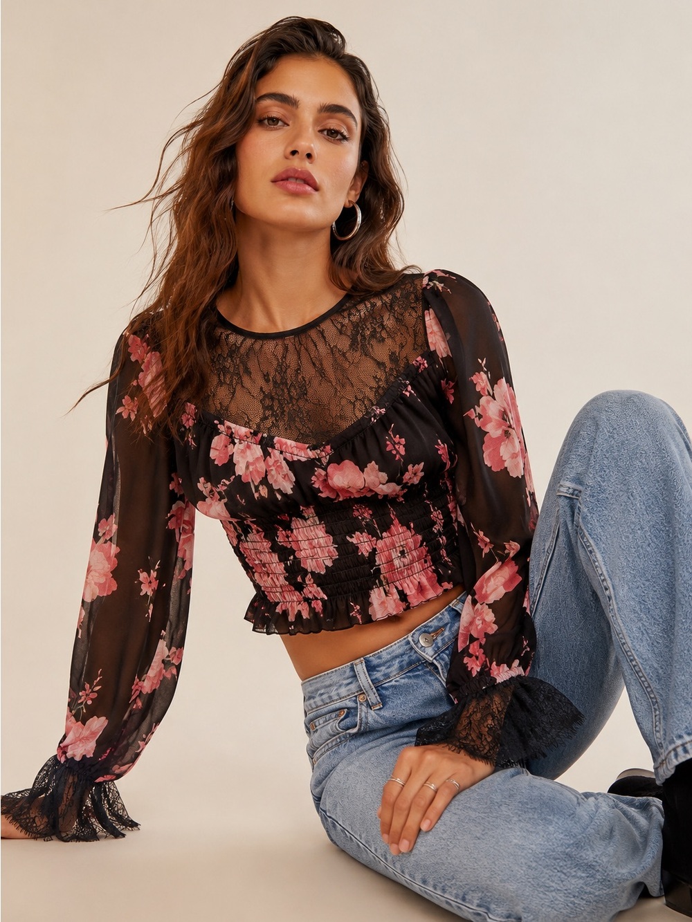Free People Daphne Black Pink Lace Bell Sleeve Smocked Crop Whimsigoth NEW